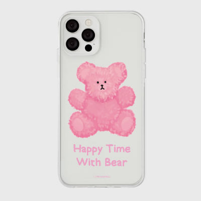 pink happytime with bear [클리어 폰케이스]아이폰케이스 아이폰 11 12 12미니 13 미니 엑스 프로 맥스 se2 케이스 핸드폰 갤럭시 커플 곰돌이 캐릭터 젤리 투명 변색 없는 투명하드